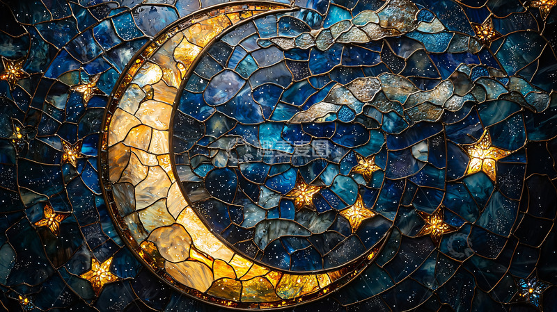 高清大图下载【趣麦麦图】马赛克风格月亮星空