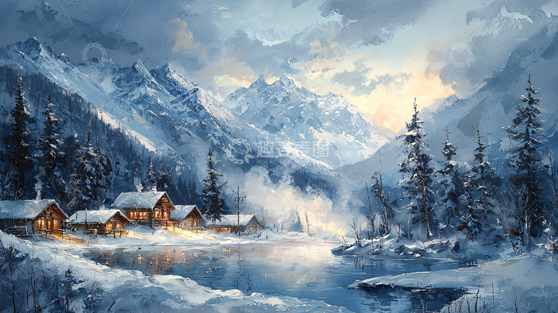 高清大图下载【趣麦麦图】雪山村庄冬日暖阳