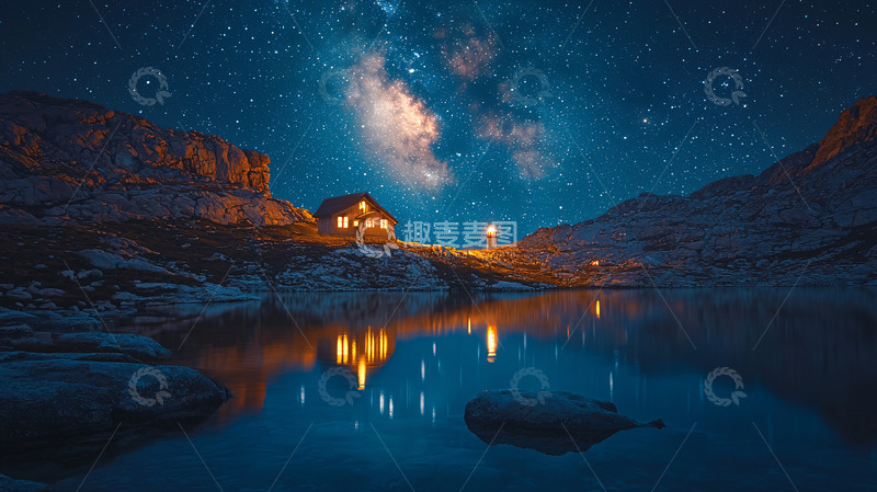 高清大图下载【趣麦麦图】星空下的湖畔小屋