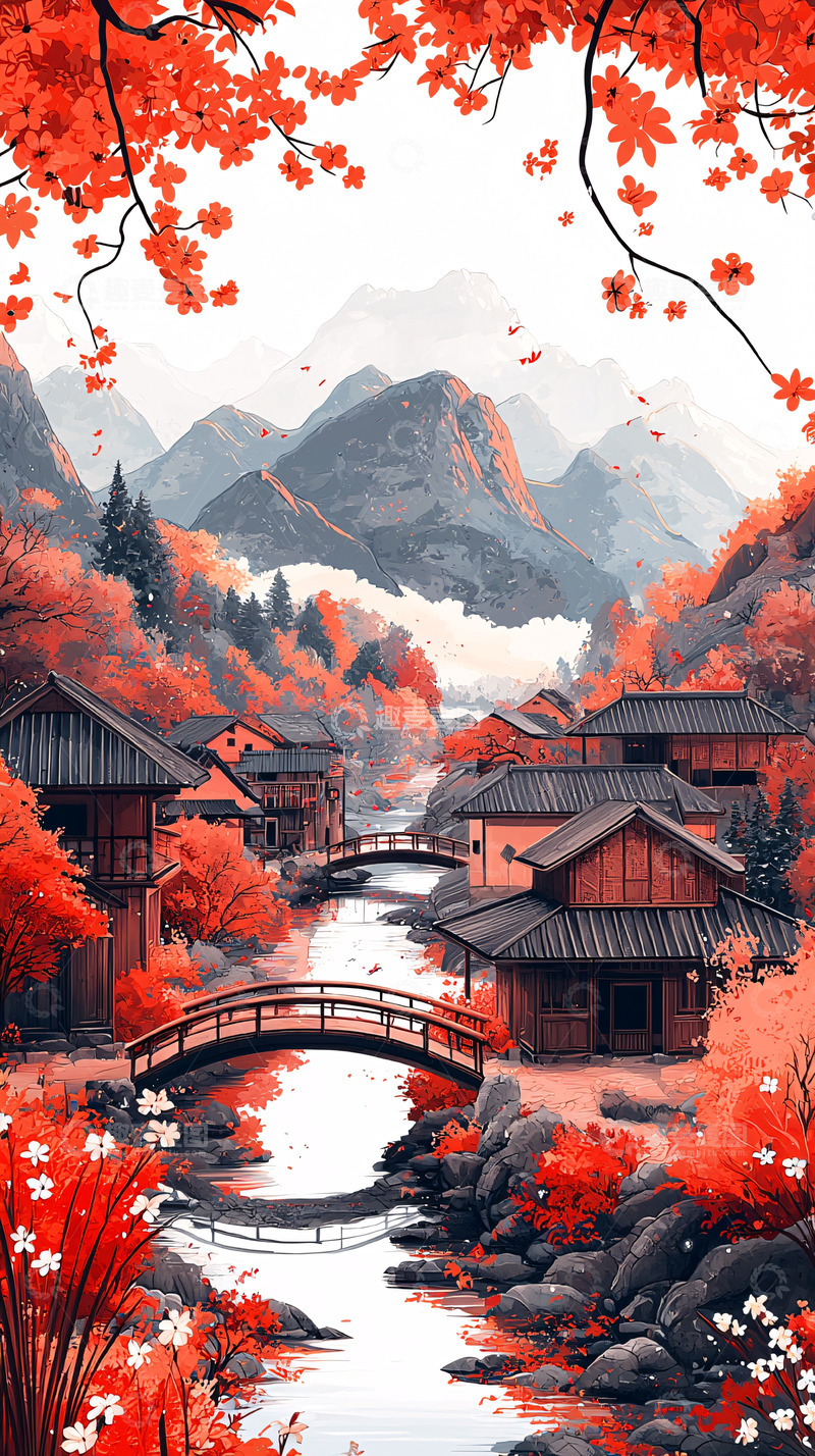 高清大图下载【趣麦麦图】红枫秋景山村