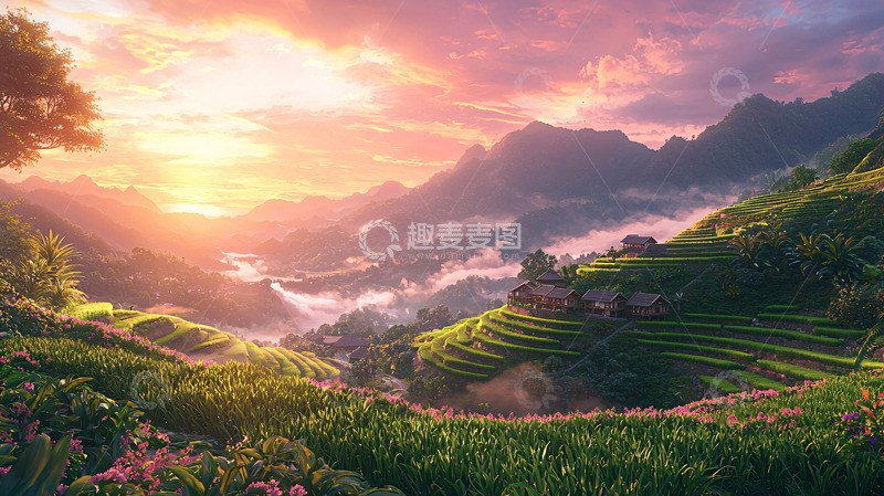 高清大图下载【趣麦麦图】日出山峦梯田美景