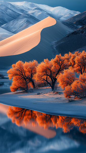 沙漠雪山秋树湖泊