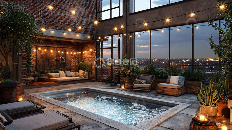 高清大图下载【趣麦麦图】夜景泳池露台