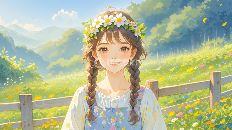 高清大图下载【趣麦麦图】春天带花环的漂亮女孩 