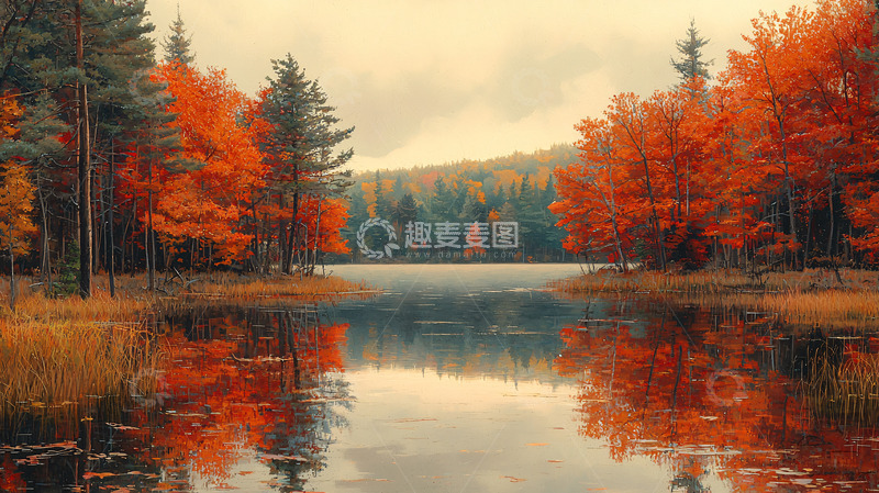 高清大图下载【趣麦麦图】秋日森林湖泊景色