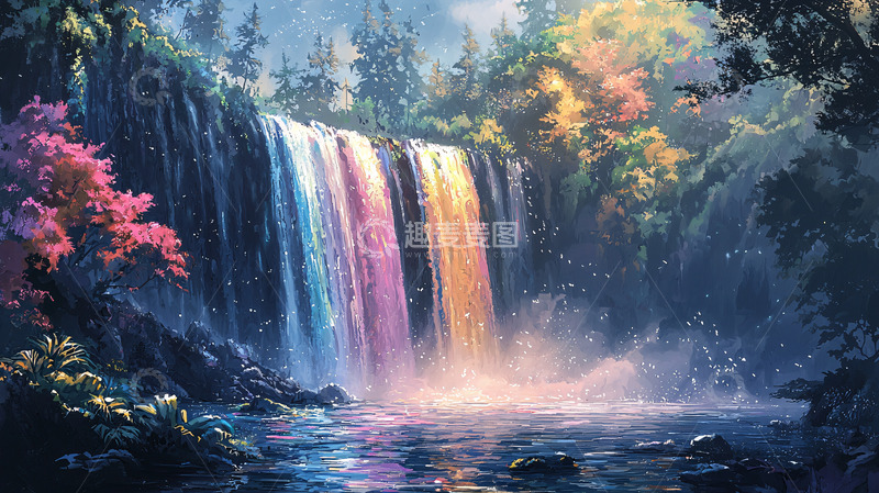 高清大图下载【趣麦麦图】彩色瀑布森林仙境