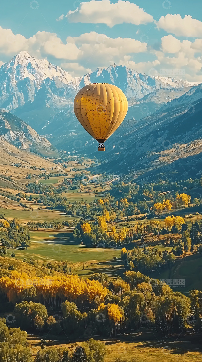 高清大图下载【趣麦麦图】热气球飞越山谷秋景