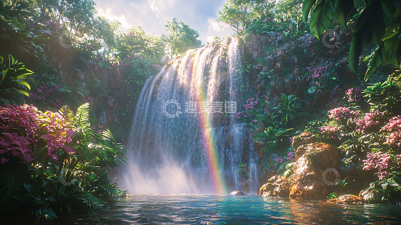 高清大图下载【趣麦麦图】热带雨林中的瀑布彩虹