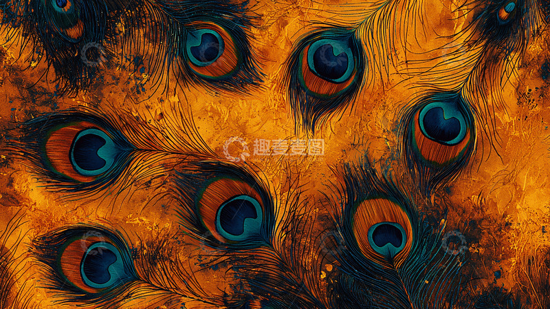 高清大图下载【趣麦麦图】孔雀羽毛特写金色背景