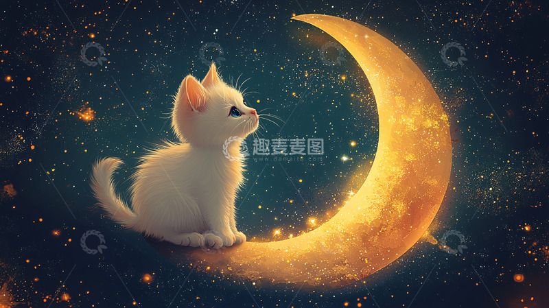 高清大图下载【趣麦麦图】小猫坐在月亮上