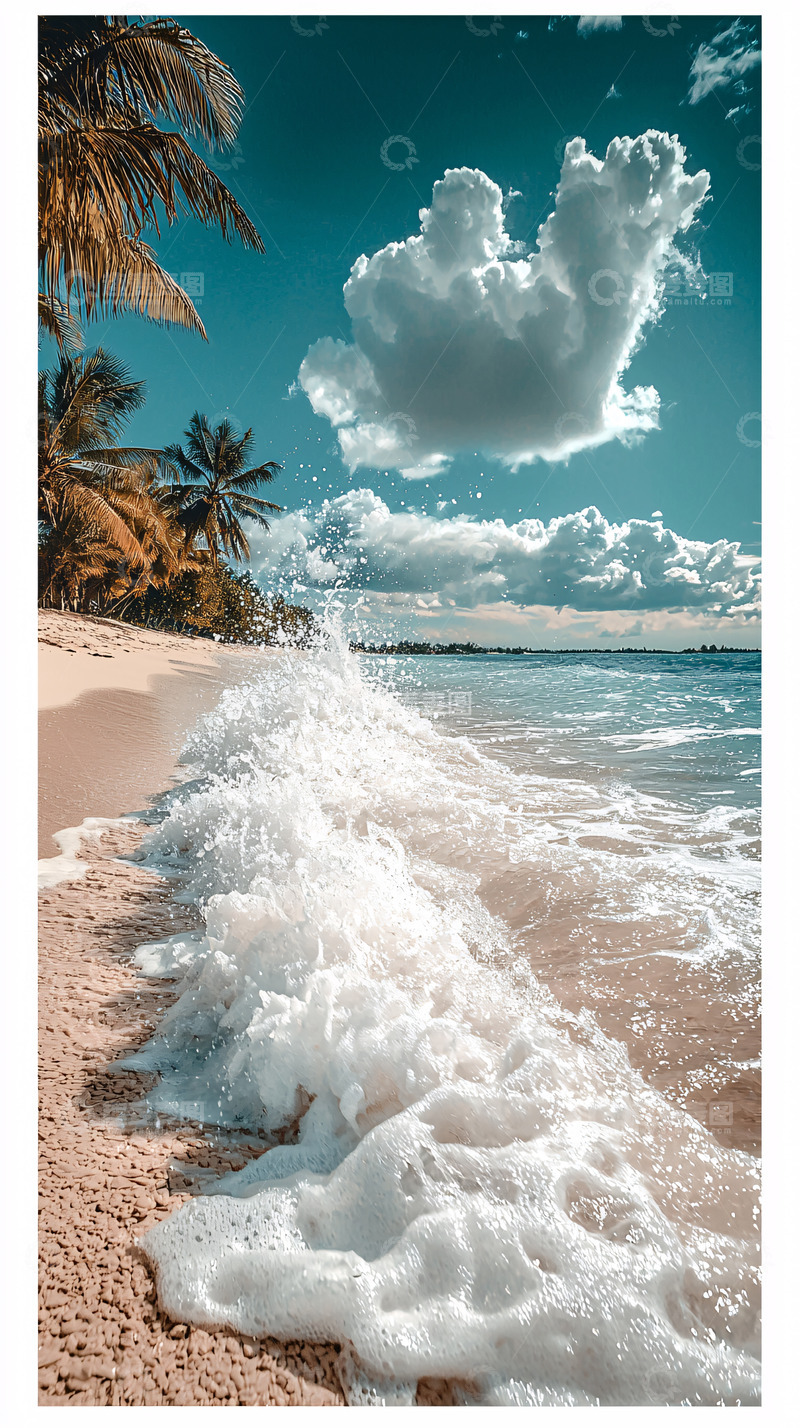 高清大图下载【趣麦麦图】海滩浪花椰树蓝天白云