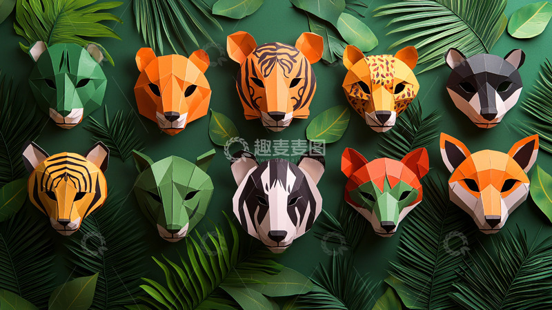 高清大图下载【趣麦麦图】绿色背景动物纸艺面具
