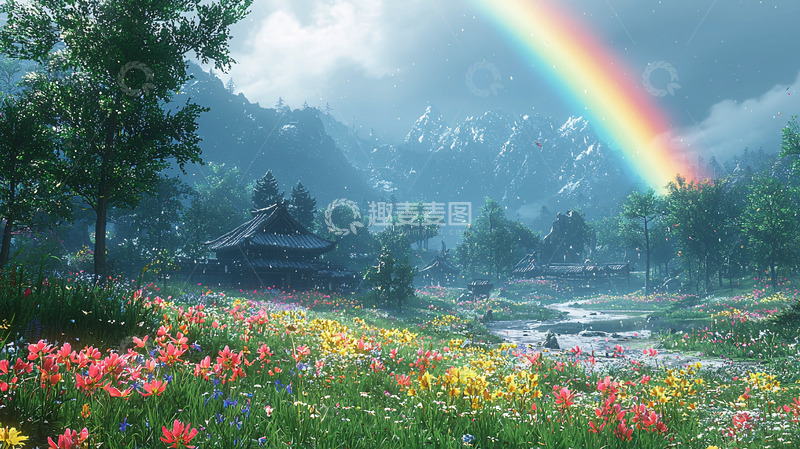 高清大图下载【趣麦麦图】山间彩虹下的田园风光