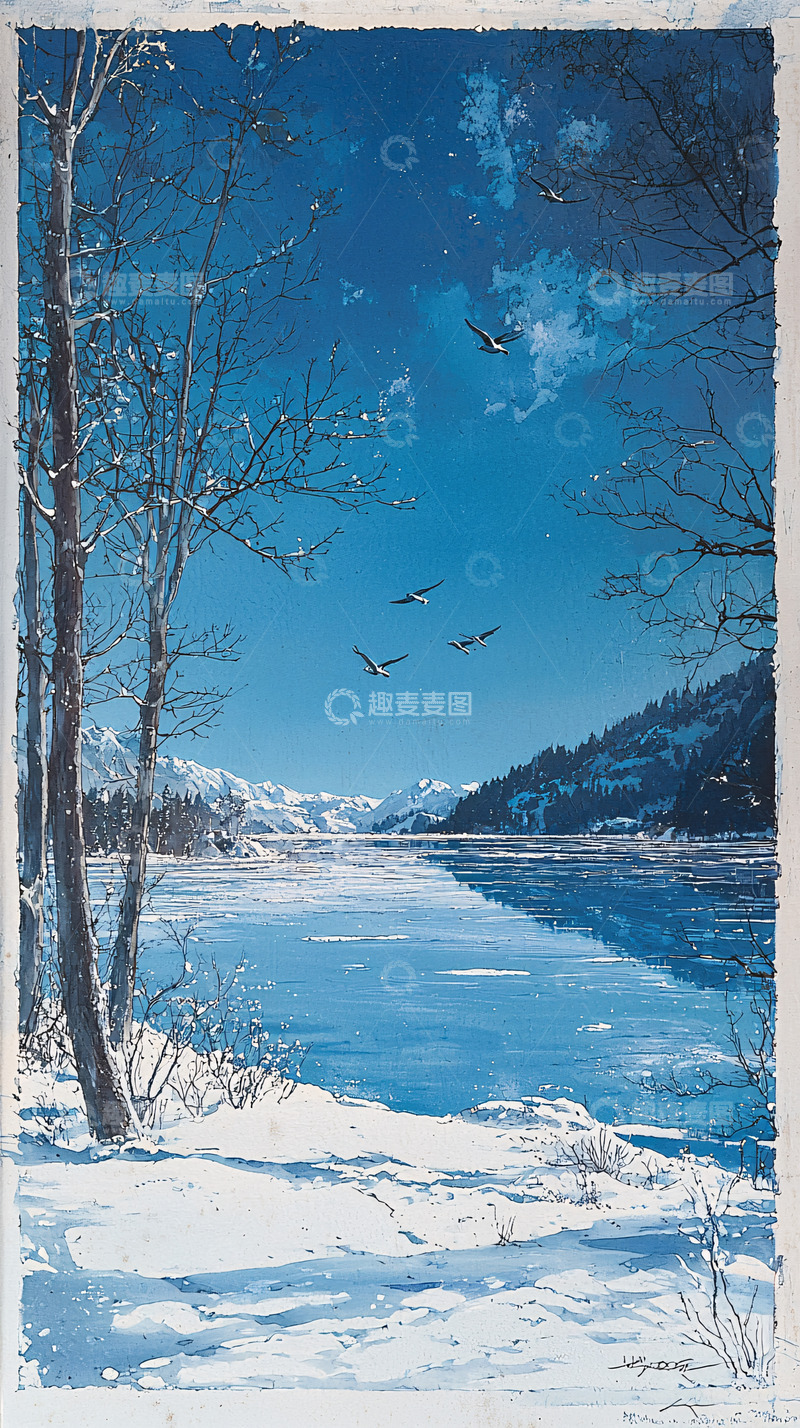 高清大图下载【趣麦麦图】冰雪覆盖的湖面与蓝天飞鸟