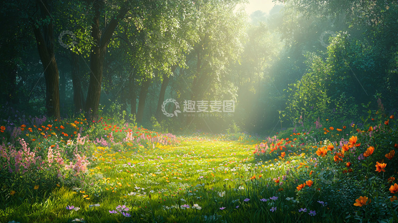 高清大图下载【趣麦麦图】阳光森林小路花海