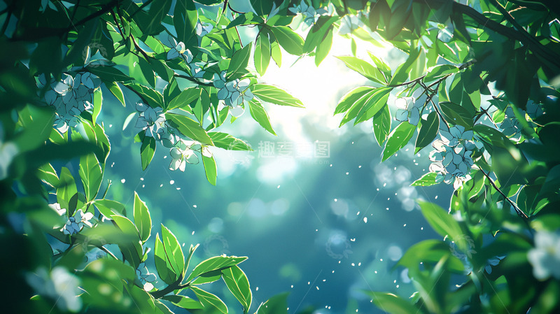 高清大图下载【趣麦麦图】阳光透过绿叶花朵