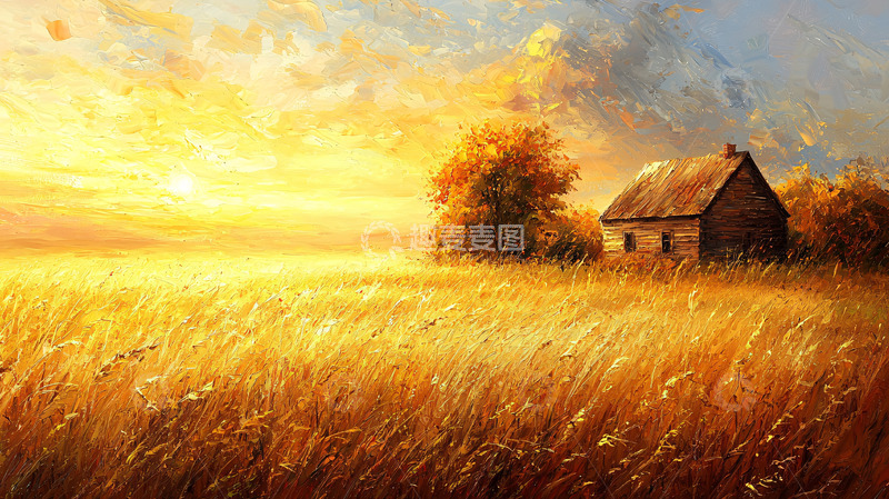 高清大图下载【趣麦麦图】夕阳下的麦田小屋