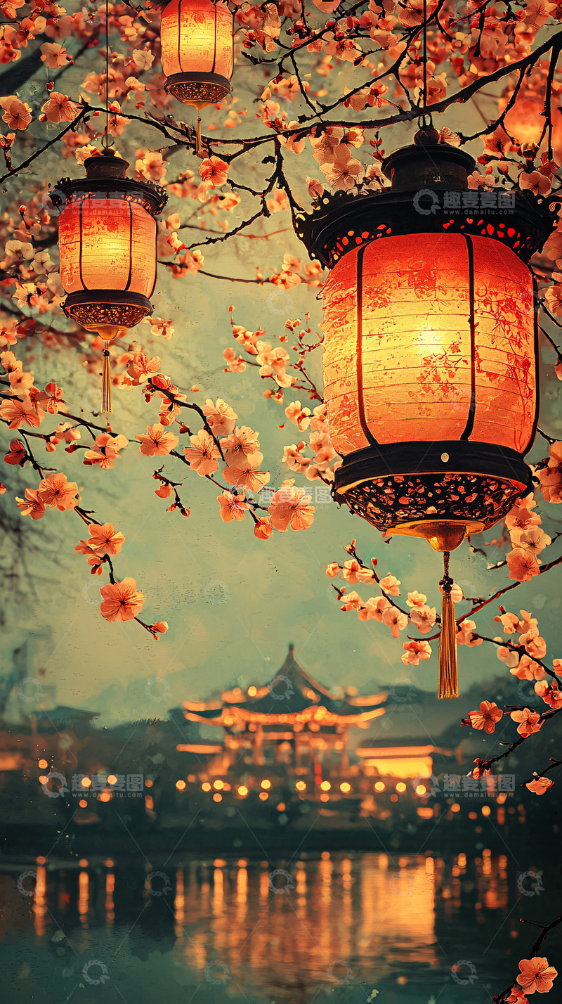 高清大图下载【趣麦麦图】节日灯笼和古建筑的意境