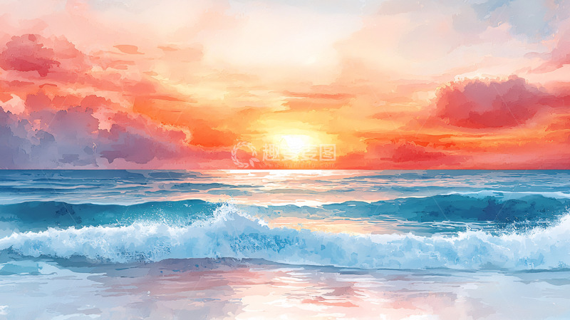 高清大图下载【趣麦麦图】彩色海边日落风景画