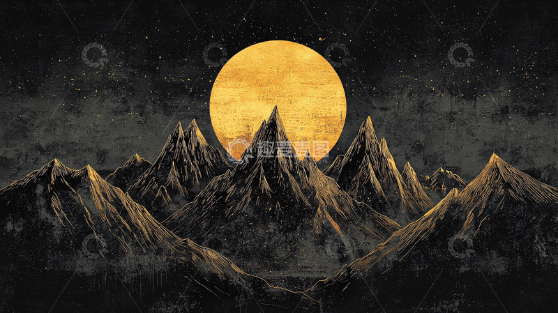 高清大图下载【趣麦麦图】暗黄巨月山峦剪影