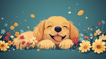 金毛幼犬花丛中酣睡