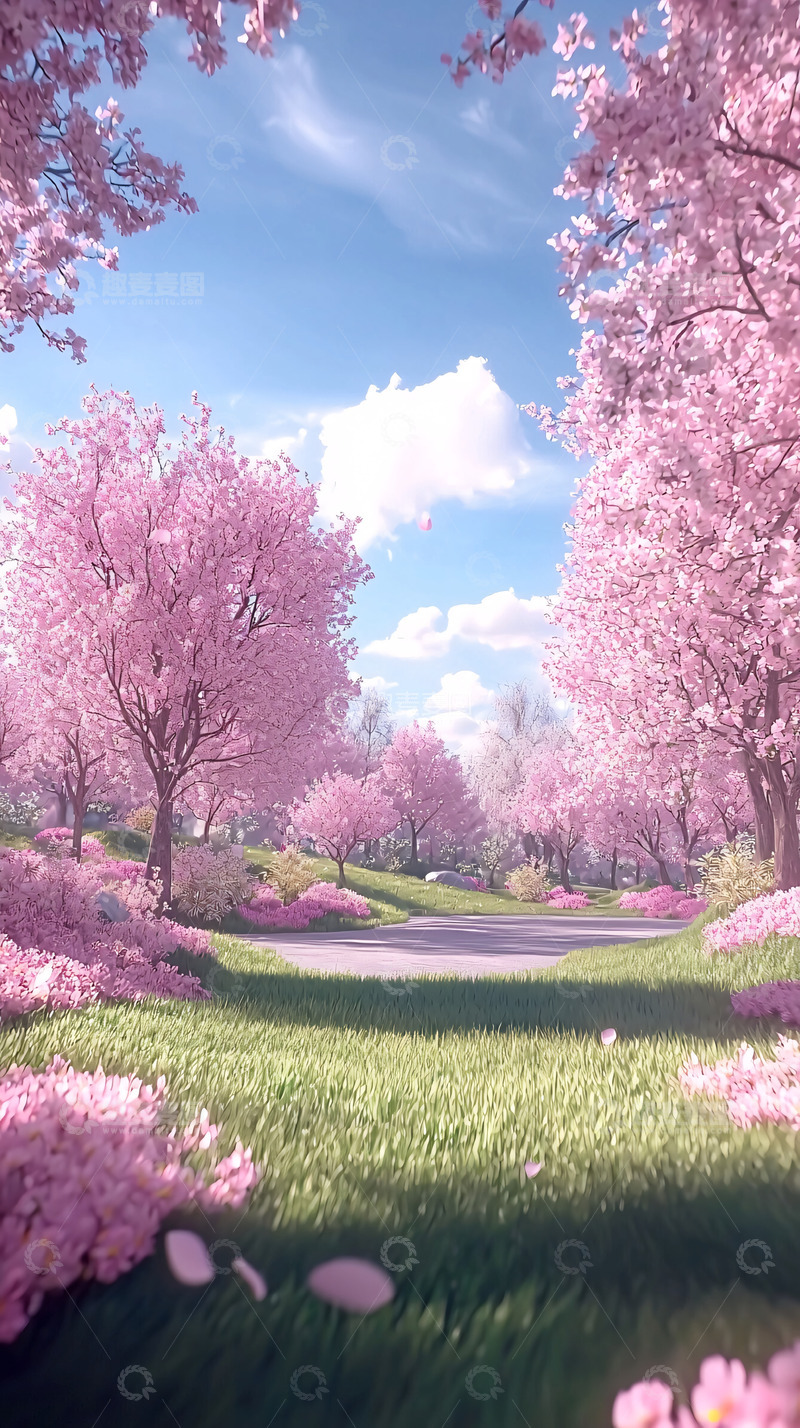 高清大图下载【趣麦麦图】粉红樱花树下的春日小路