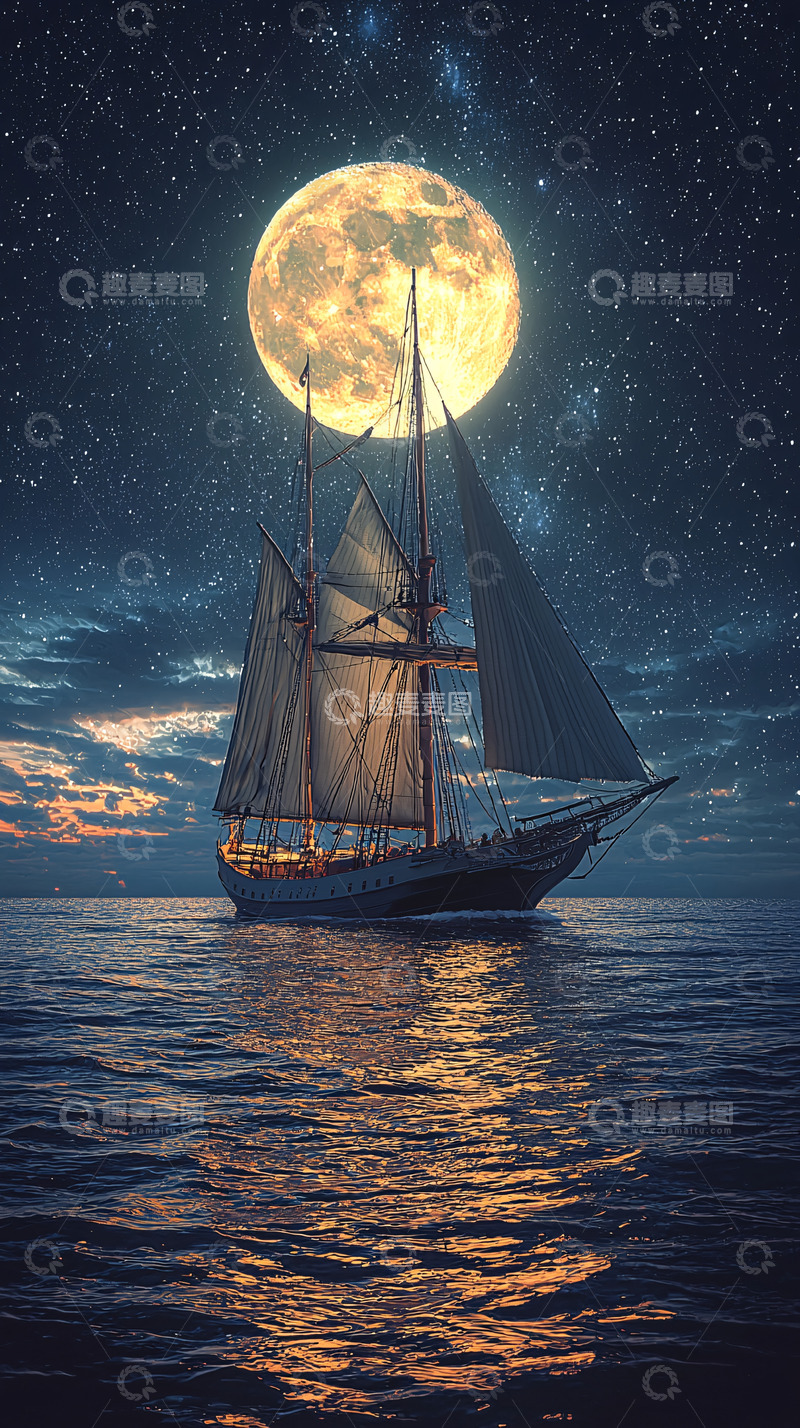 高清大图下载【趣麦麦图】月夜航行帆船