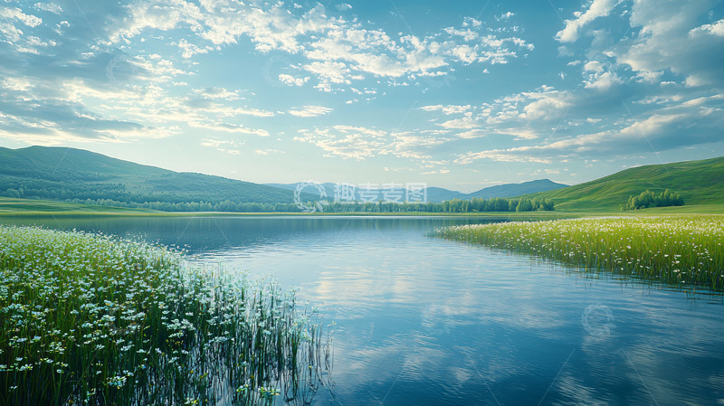 高清大图下载【趣麦麦图】蓝天白云下的宁静湖泊