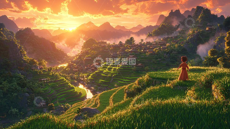 高清大图下载【趣麦麦图】日落山谷梯田风景