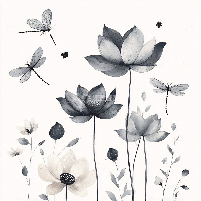 高清大图下载【趣麦麦图】水墨莲花蜻蜓