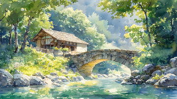 水彩风景画小屋石桥
