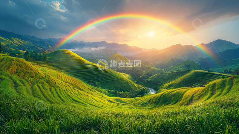 高清大图下载【趣麦麦图】彩虹山峦田园风光