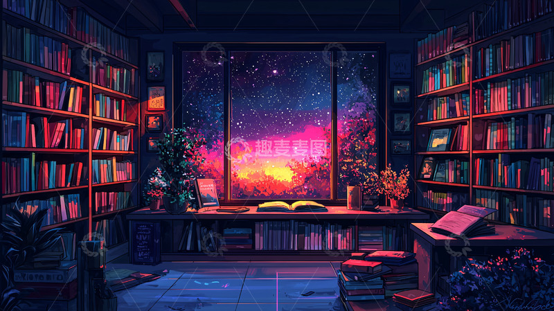 高清大图下载【趣麦麦图】温馨书房星空夜景