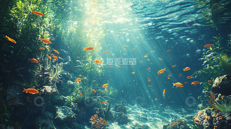 高清大图下载【趣麦麦图】阳光透过海水照射海底珊瑚礁