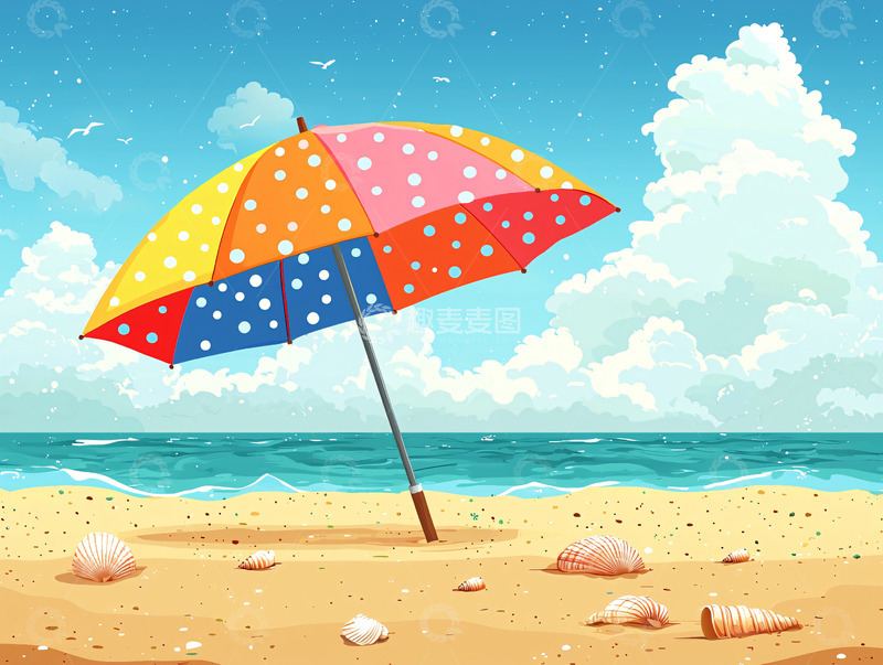 高清大图下载【趣麦麦图】海滩上的彩色遮阳伞