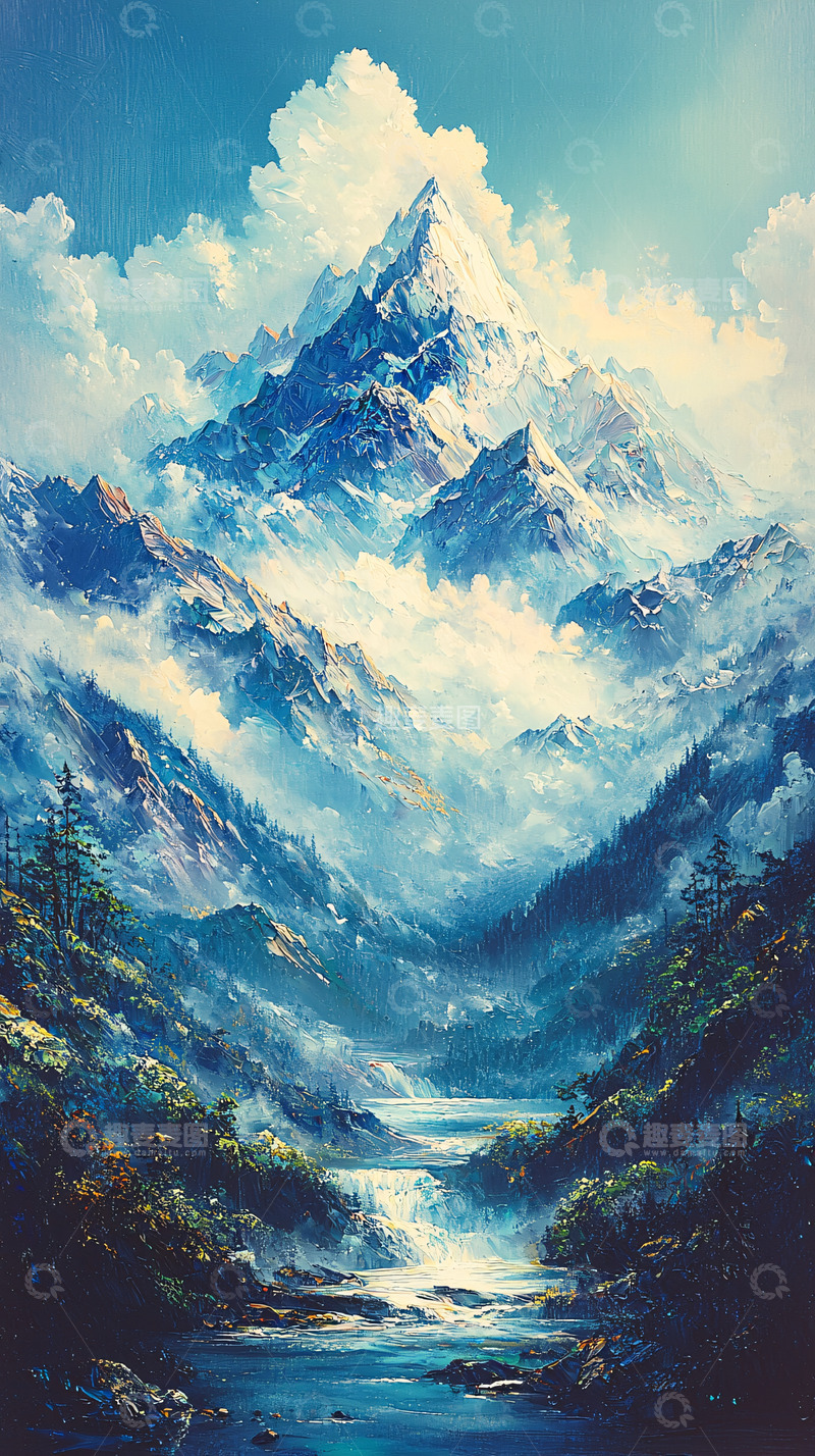 高清大图下载【趣麦麦图】云雾缭绕的雪山峡谷