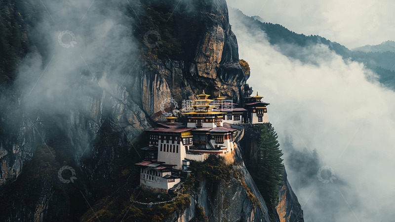 高清大图下载【趣麦麦图】云雾缭绕山崖寺庙