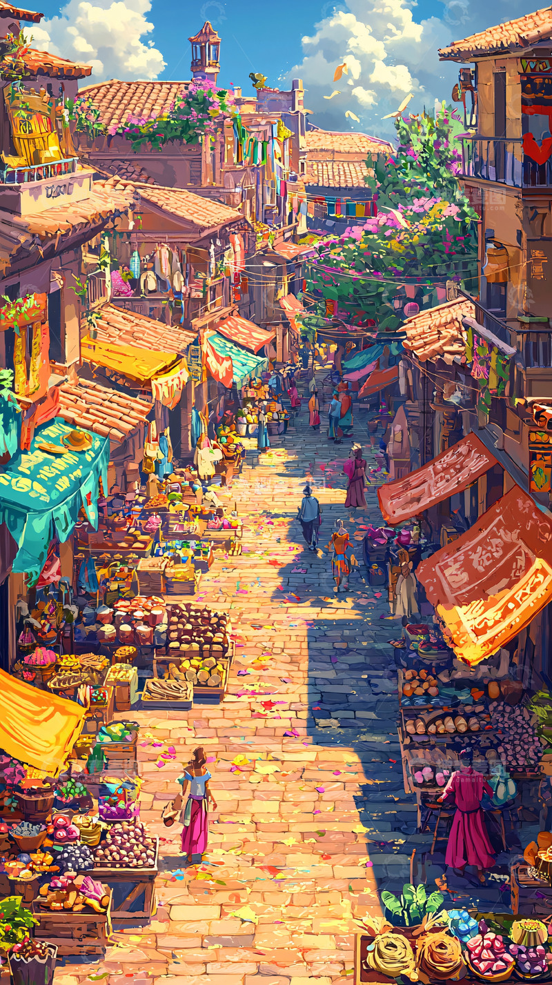 高清大图下载【趣麦麦图】阳光下的地中海风格街道市场