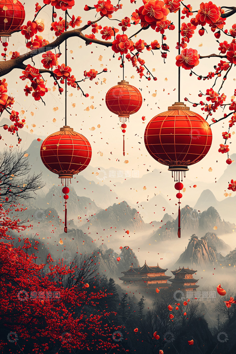 高清大图下载【趣麦麦图】红梅山景中国风灯笼