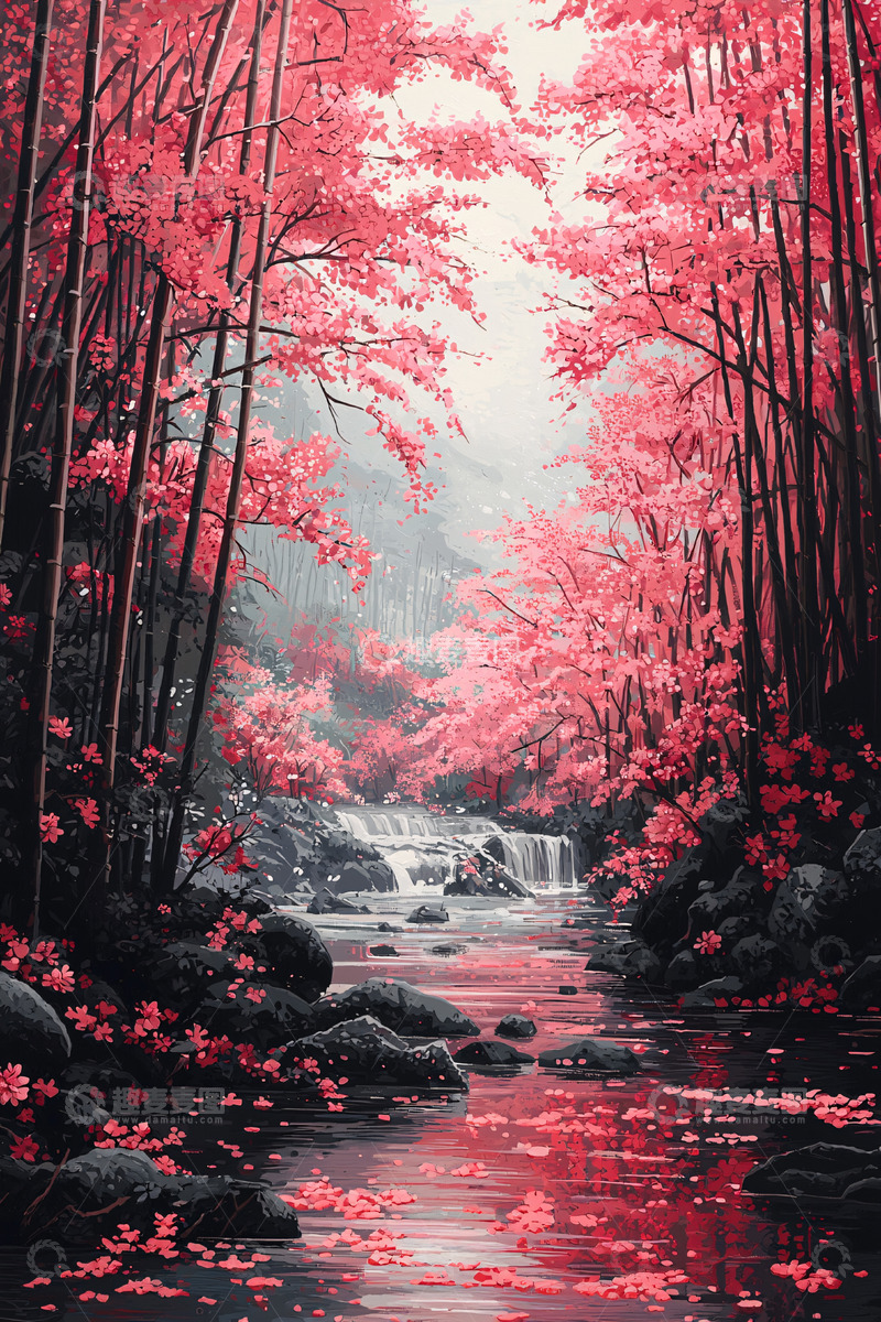 高清大图下载【趣麦麦图】粉色森林瀑布