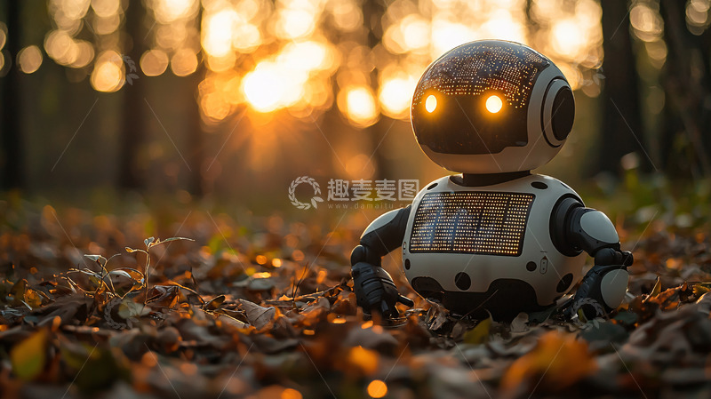 高清大图下载【趣麦麦图】夕阳下森林里的小机器人