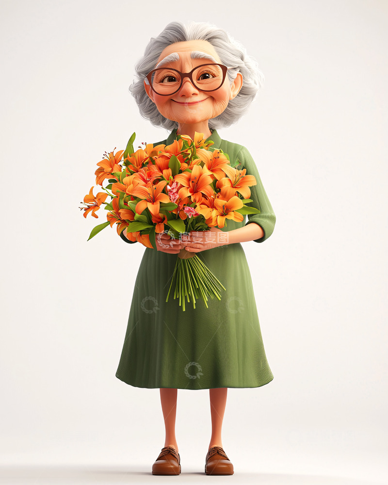高清大图下载【趣麦麦图】慈祥的卡通奶奶抱花