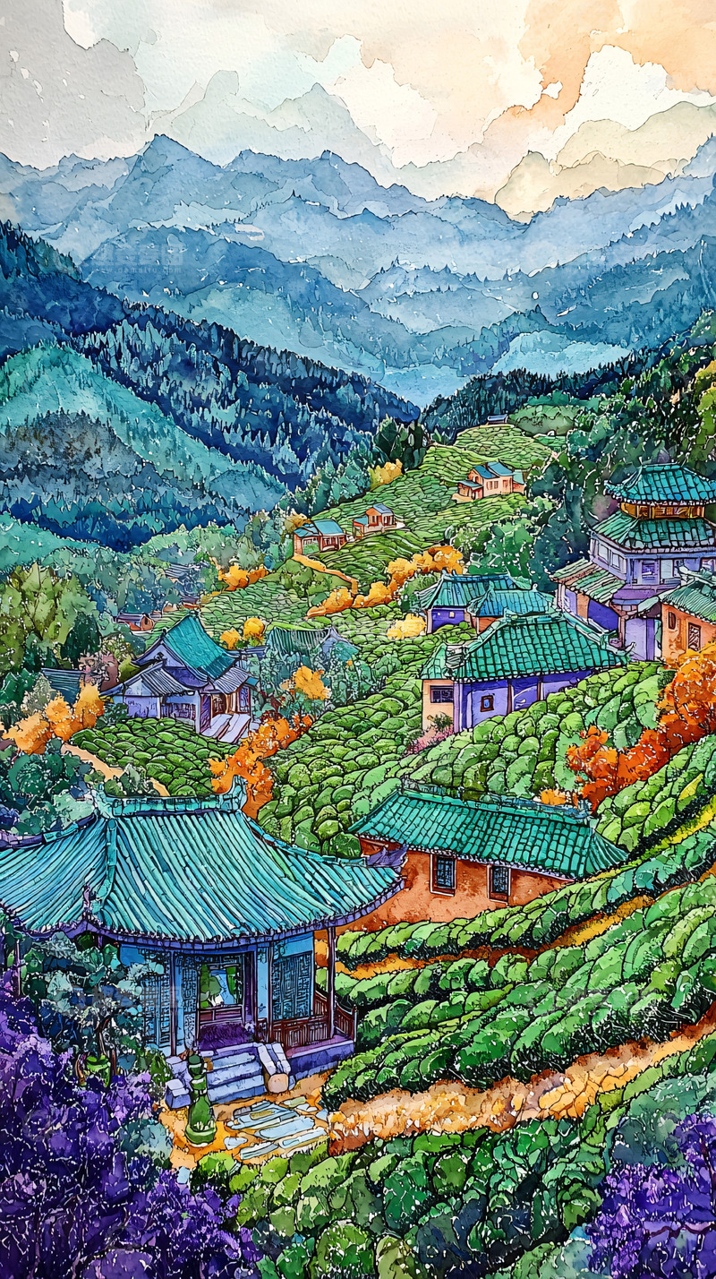 高清大图下载【趣麦麦图】山间水彩房屋