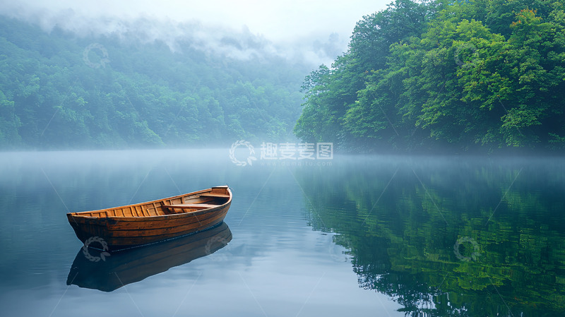 高清大图下载【趣麦麦图】雾气笼罩的湖面小船