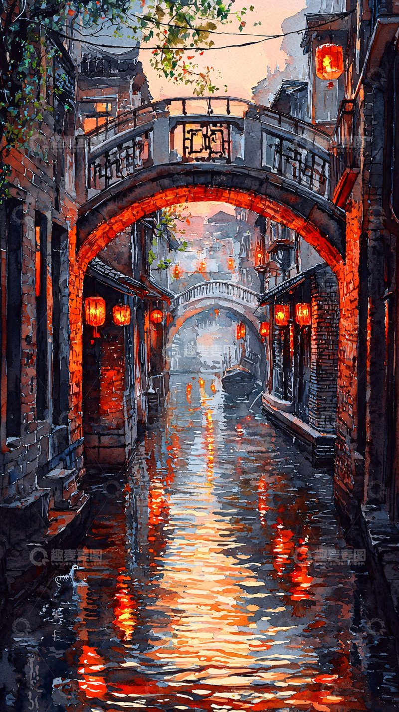 高清大图下载【趣麦麦图】水乡古镇夜景灯笼倒影