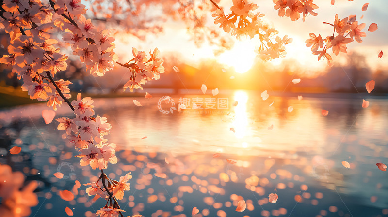 高清大图下载【趣麦麦图】夕阳下落英缤纷的樱花湖
