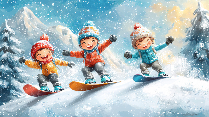 高清大图下载【趣麦麦图】雪山上的快乐儿童