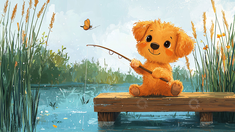 高清大图下载【趣麦麦图】可爱狗狗钓鱼图