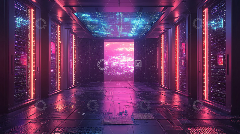 高清大图下载【趣麦麦图】霓虹灯服务器机房走廊