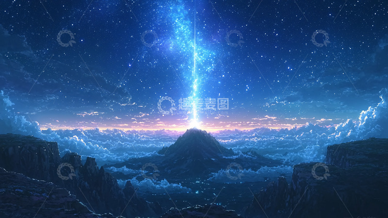 高清大图下载【趣麦麦图】蓝光能量柱照耀山峰
